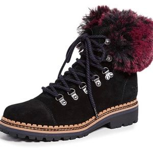 Sam Edelman Bowen Boots Womens 9 Black Leather Suede Lace Up Pink Faux Fur